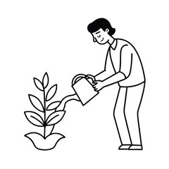 Single line vector of person watering plant symbolizing growth vector line art on white background.