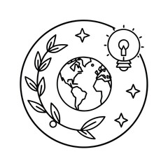 Thin line illustration of globe surrounded by leaves symbol vector line art on white background.