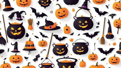 Halloween Pattern with Jack-o'-Lanterns, Cauldrons, Witch Hats, and Bats