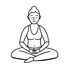 Vector line drawing of person practicing deep breathing calm vector line art on white background.