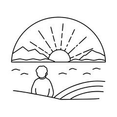 Vector line drawing of sunrise with person watching horizon vector line art on white background.