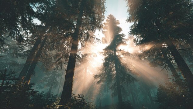 Sunbeams pierce a misty forest canopy - Powered by Adobe