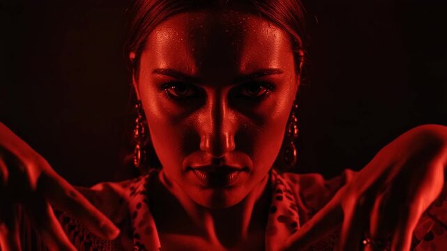 Intense female flamenco dancer with hands crossed in front of her face under dramatic red light