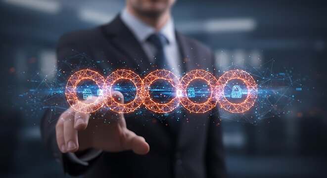 Digital Security Interface: Man Interacting with Futuristic Technology