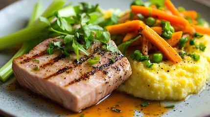Tuna salad cooked on grill with polenta and fresh carrot and celery salad