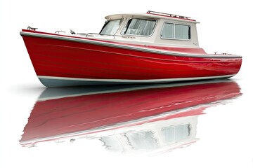 Red fishing boat with cream accents, reflected in still water