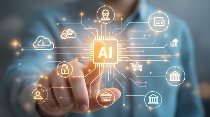 Ai artificial intelligence technology concept man touching screen digital transformation