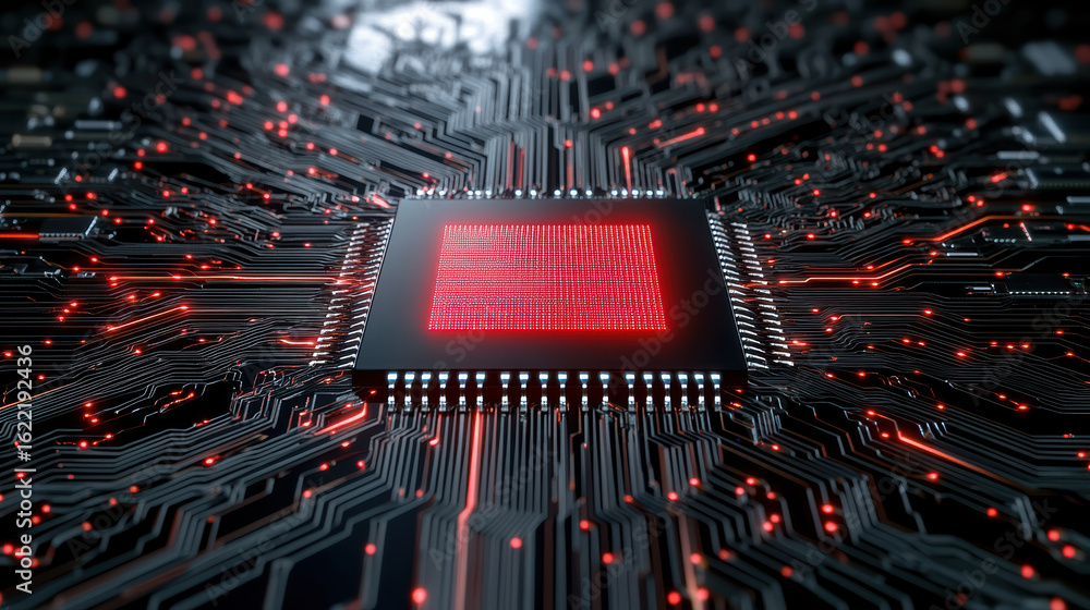 Poster high tech circuit board with central processing unit, glowing red lights, and intricate