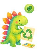Isolate Transparent Earth Day Dinosaur Recycling Adventures Cute Dinosaur Drawing a Recycle Symbol with Color Palette Nearby PNG Die-Cut For Advertising