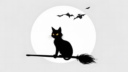 Halloween Cat Silhouette on Broomstick with Glowing Eyes and Full Moon