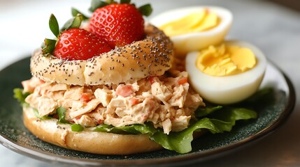 Tuna salad on a bagel with hash brown deviled egg and strawberry
