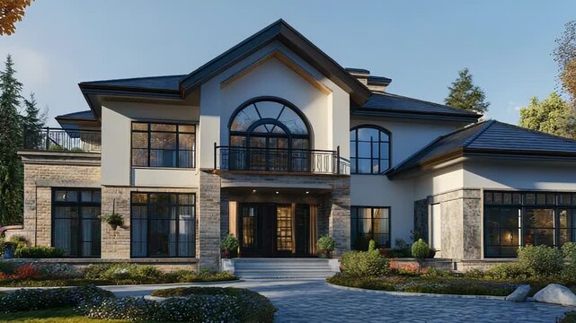 Luxurious suburban house with stone and plaster facade in autumn scenery