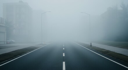 A single car travels fast along a foggy urban street, its motion blurred against the asphalt