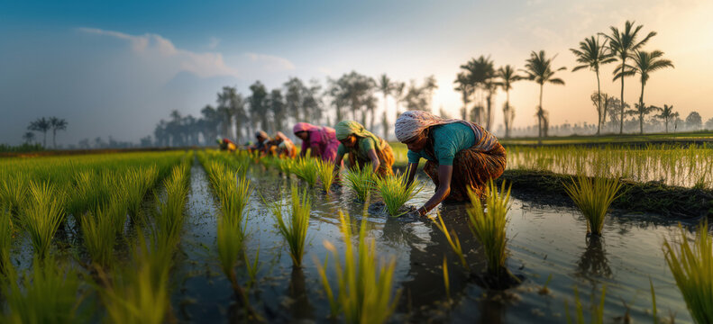 group of Indian women working in a rice field