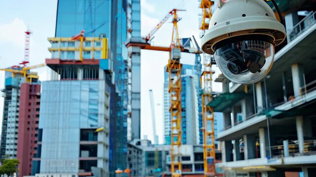 A close-up of a surveillance camera installed at a construction site, capturing ongoing building activities with cranes and structures in the background.