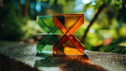 Two translucent, geometric shapes, resembling interlocking X's, in teal and amber, sit on a stone surface. Natural, out-of-focus greenery surrounds them