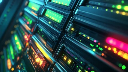 Server racks flashing with colorful led lights in data center - Powered by Adobe