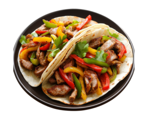 Delicious grilled steak fajitas served on warm tortillas with colorful bell peppers and herbs transparent background