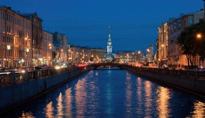 Evening canal scene, blurred cityscape
