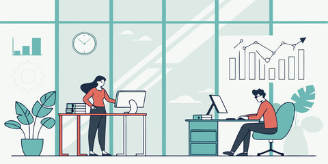 Business office team work collaboration corporate workspace professional workplace teamwork office workers meeting 100 vector Illustration