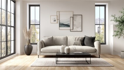 Fototapeta premium Light-filled modern living room with beige sofa, framed art, and large windows