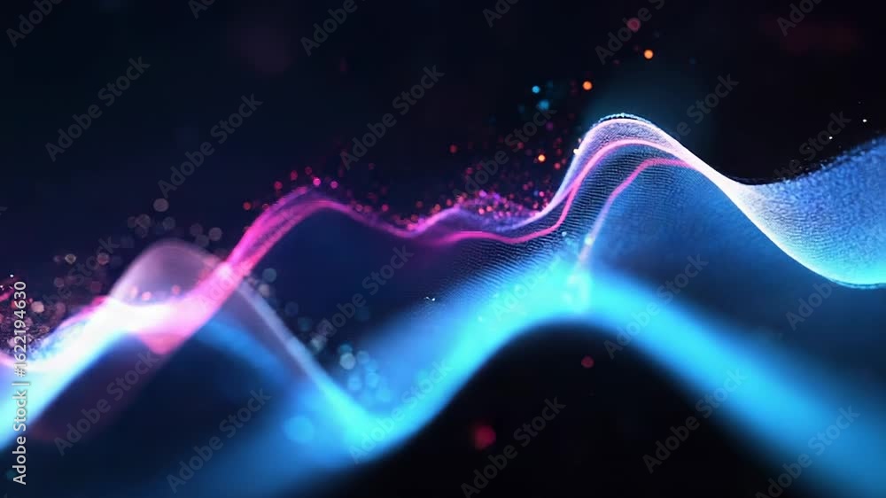 Poster abstract wave pattern flowing with futuristic particles and colorful lights
