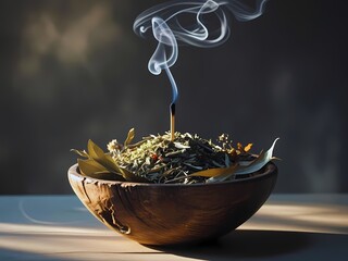 Smoking Herbs in Wooden Bowl on Dark Background