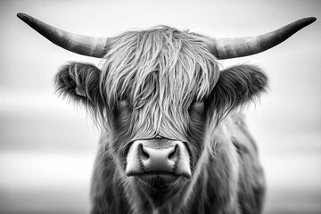 Striking monochrome portrait of a highland cow showcasing its unique features.