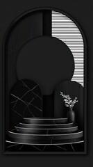 Dark Geometric Stage with Matte Black Podium Round Backdrop and Vase Decoration