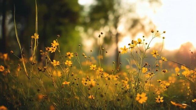 Abstract soft-focus golden hour meadow of yellow wildflowers and grass with warm sunrise and sunset glow, tranquil spring summer closeup with blurred forest backdrop, idyllic nature landscape