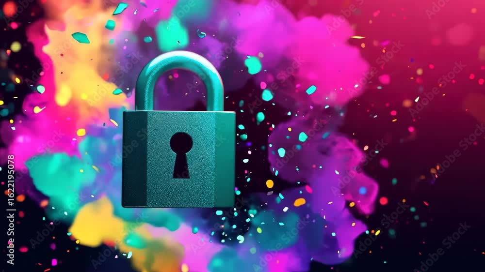Aufkleber an artistic representation of a metallic lock symbolizing security against a vibrant, abstract backg
