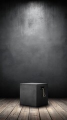 Mysterious Dark Gray Cube with Key on Rustic Wooden Floor