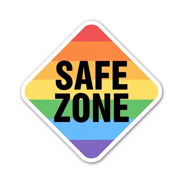 A colorful sign displays "SAFE ZONE" in bold letters, indicating a welcoming space for the LGBTQ+ community