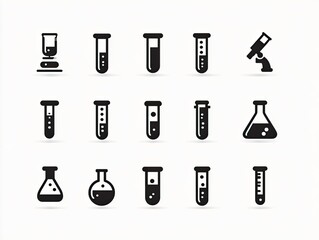 Set of black silhouette icons depicting various scientific lab equipment.  Includes beakers, test tubes, flasks, and a microscope.  Simple, clean design
