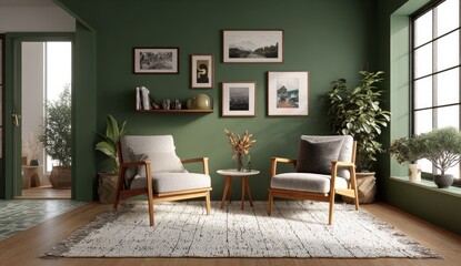 Green room with two armchairs, framed prints, and plants