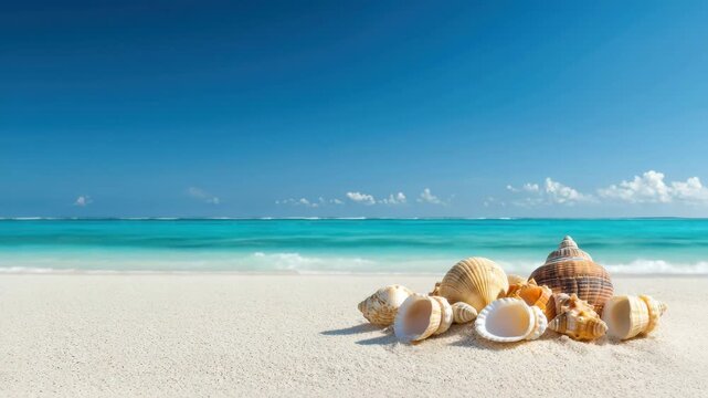 Seashells on white sandy beach with turquoise ocean and clear blue sky, peaceful bright tropical summer shore water scene evoking calm peaceful tropical vacation mood and atmosphere