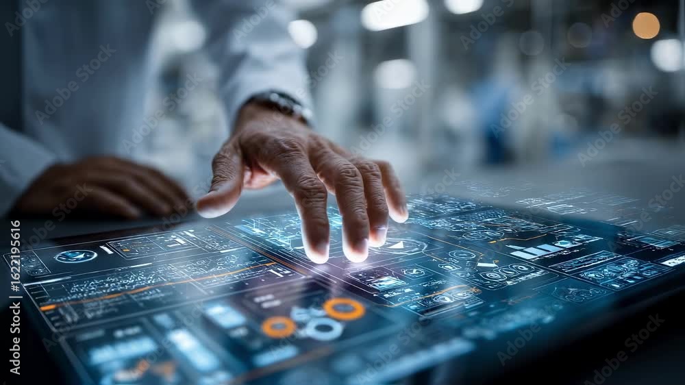 Poster engineer interacting with a futuristic transparent display, hand hovering over holographic projectio