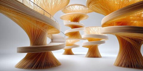 Surreal spaghetti architecture with twisting pasta towers in a modern design