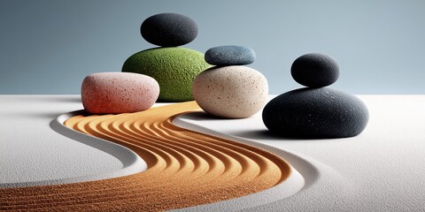 Zen garden with stacked stones and raked sand in a minimalist abstract setting