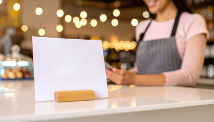 growth with customer loyalty program. A smiling barista stands behind a counter, preparing drinks with a blank menu board and warm, glowing lights in the background.
