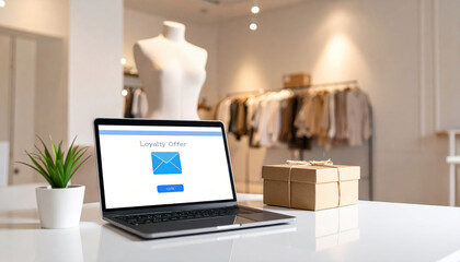 growth with customer loyalty program. A laptop displaying a loyalty offer sits on a table in a stylish boutique, with a mannequin and clothing racks in the background.