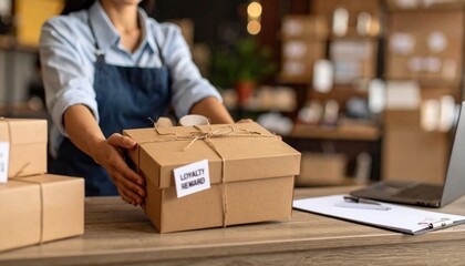 growth with customer loyalty program. A person in an apron hands over a cardboard box labeled "Loyalty Reward" at a counter, next to a laptop and paperwork.