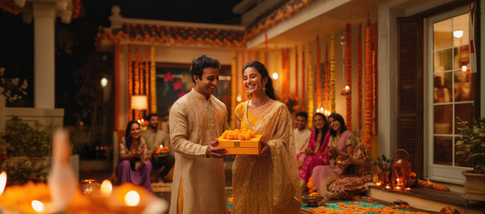 Fototapeta na wymiar happy indian couple holding gift box together on diwali festival
