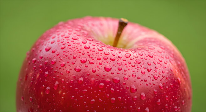 Close up shot of a shiny red apple with water droplets evoking freshness and healthiness