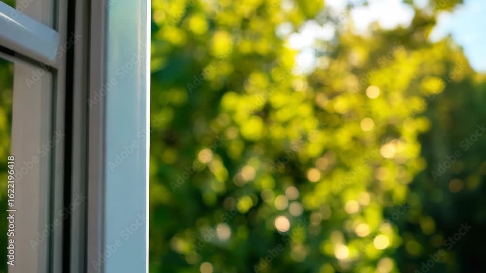 Poster a close-up view of a modern window frame against a blurred green nature background. the image captur