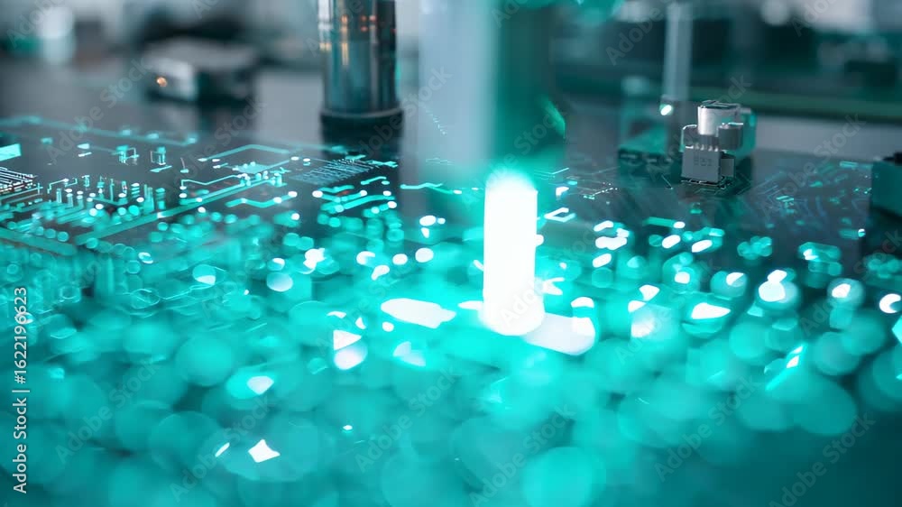 Poster a close-up view of precision laser cutting on a modern circuit board. this image illustrates advance