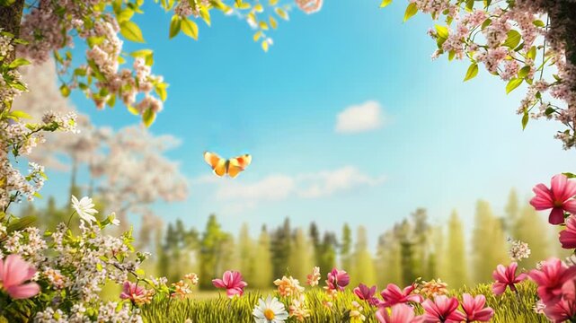 Beautiful spring landscape with blooming flowers and flying butterfly