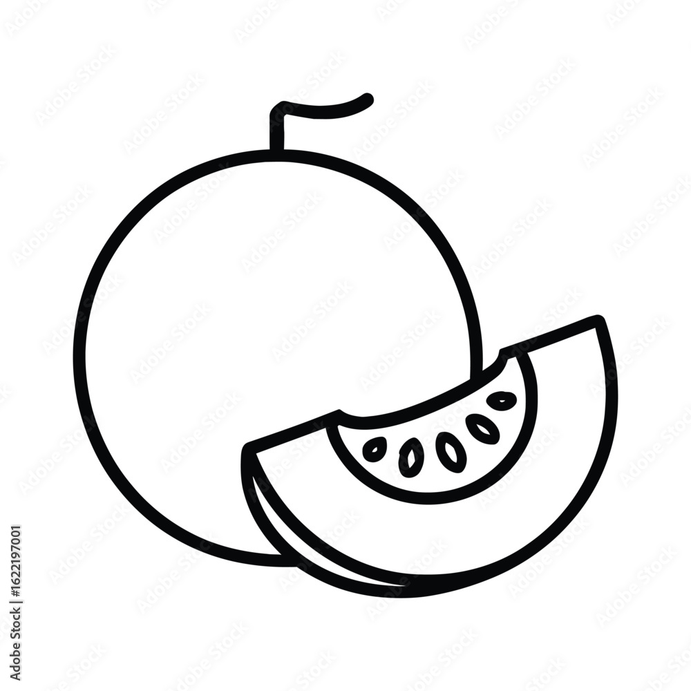Poster elegant line drawing of a honeydew melon with a slice on a clear background, perfect for health and 