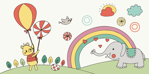 Obraz premium Illustration of elephant bear rainbow sun cloud balloon candy bird hearts and trees vector art design vector Illustration