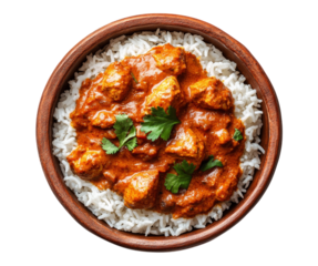Delicious indian butter chicken curry served over fluffy white rice in a bowl transparent background